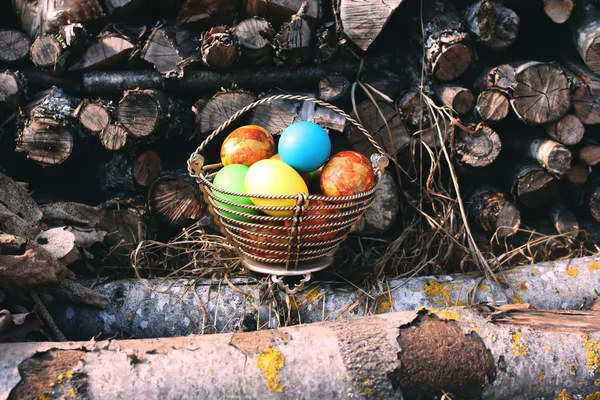 Œufs Pâques Colorés Lumineux Dans Panier Sur Pile Bois Chauffage — Photo