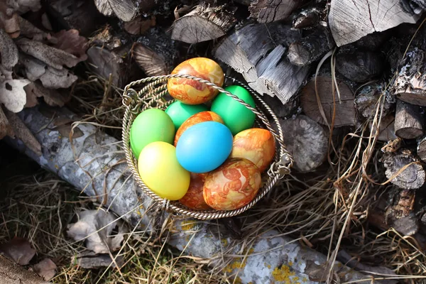 Яркие Красочные Пасхальные Яйца Корзине Дровах Кучи Открытом Воздухе — стоковое фото