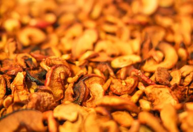 Slices of dried organic apples close up.