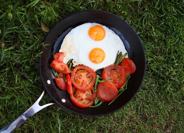 Τηγανητά Αυγά Φρέσκες Κόκκινες Ντομάτες — Φωτογραφία Αρχείου