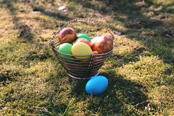 Yerdeki Sepette Parlak Renkli Paskalya Yumurtaları — Stok fotoğraf