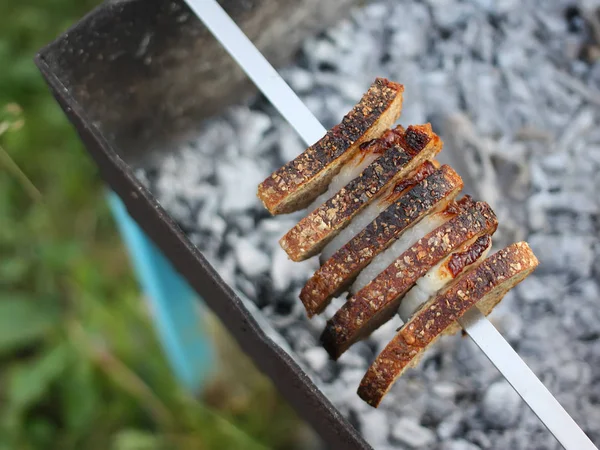 Griller Viande Pain Sur Une Brochette Dessus Brasero — Photo