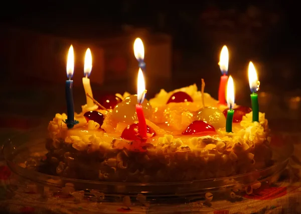 Happy Birthday Cake Burning Colorful Candles — Stock Photo, Image