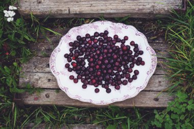 Açık havada kırmızı taze kirazlar kapanıyor.
