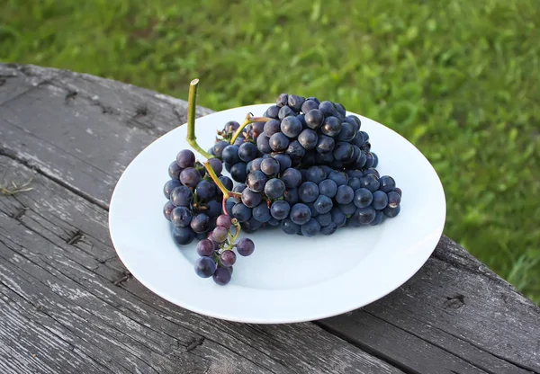 Ripe Grapes White Plate Wooden Table Background Outdoors — 스톡 사진