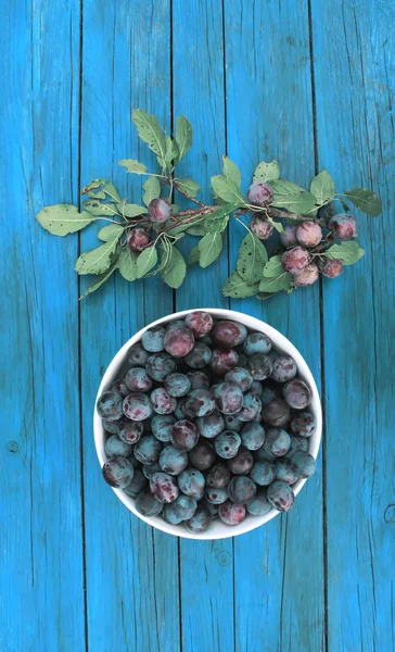 Ciruelas Maduras Una Taza Sobre Fondo Envejecido Azul Madera — Foto de Stock