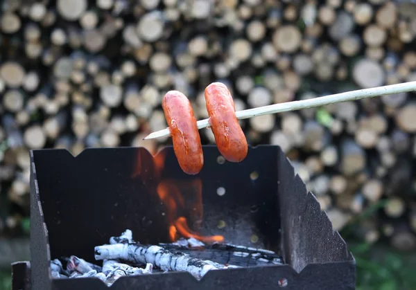 Korv Grillning För Picknick Utomhus Över Fräs — Stockfoto