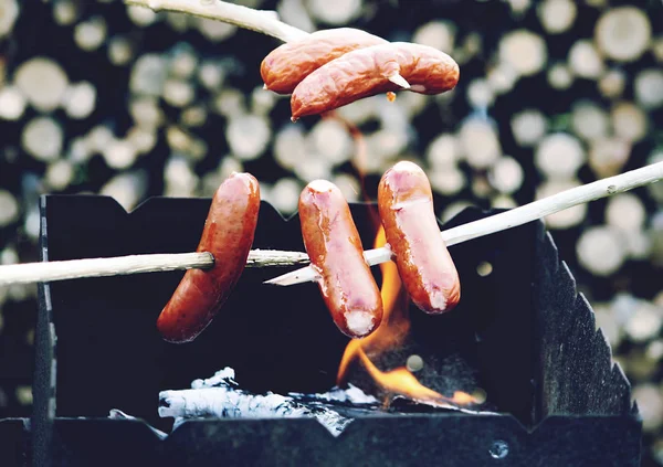 香肠在火盆上烤着野餐 — 图库照片