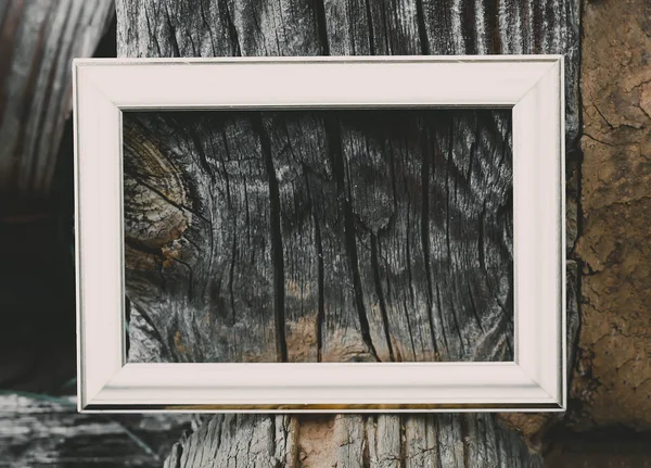 Empty Picture Photo Frame Weathered Wood Background — 스톡 사진