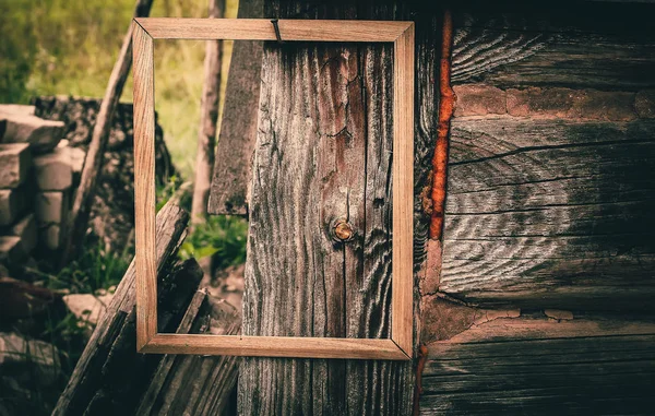 Empty Picture Photo Frame Weathered Wood Background — 스톡 사진