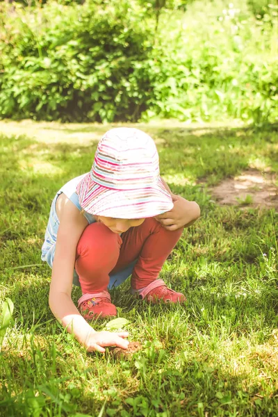 自然の中で緑の夏の草の上に座って茶色の頭に触れる子供 — ストック写真