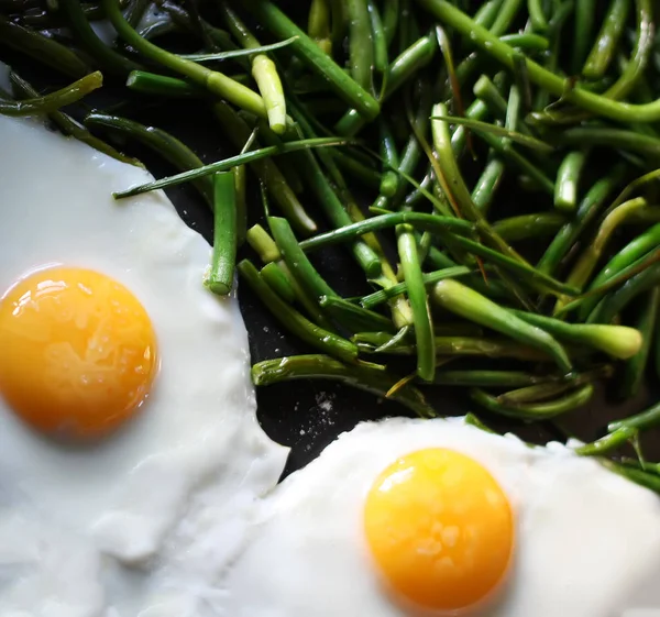 Fried Eggs Green Beans Pan Close — Stock Photo, Image