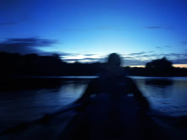 Human Silhouette Swimming Boat Dark Night — Stock Photo, Image