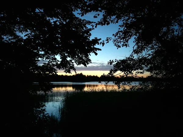 Superficie del lago alla sera in Lettonia, Europa dell'est. Paesaggio con acqua e foresta . — Foto Stock