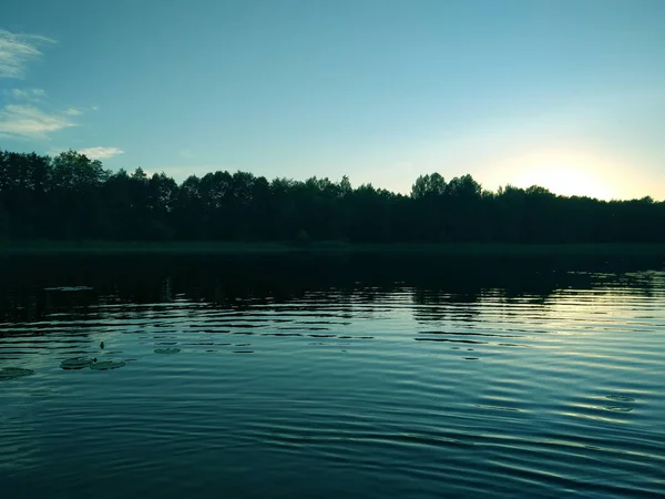 Seeoberfläche am Abend in Lettland, Osteuropa. Landschaft mit Wasser und Wald. — Stockfoto