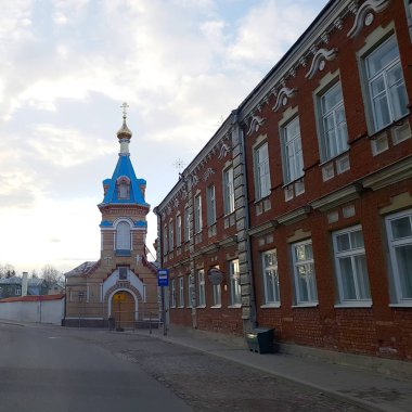 Urban landscape in Latvia with church.