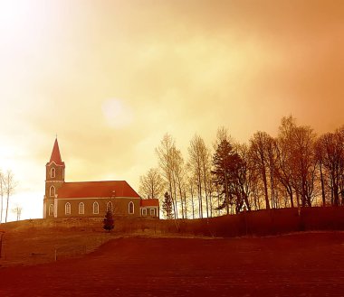 Urban landscape in Latvia with church.