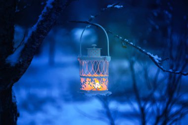 Kış parkında karla kaplı bir ağaç dalında yanan mum asılı dekoratif Noel feneri. Yılbaşı kartı, poster, kartpostal tasarımı.