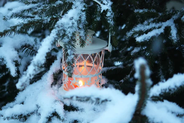 Christmas Lantern Burning Candle Winter Nature Background — Stock Photo, Image