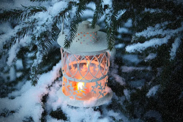 Christmas Lantern Burning Candle Winter Snowfall Background — Stock Photo, Image