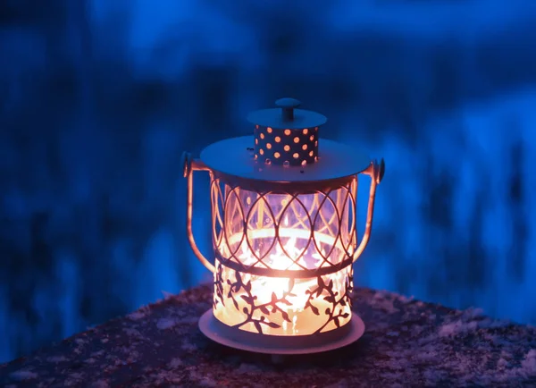 Christmas Lantern Burning Candle Winter Nature Background — Stock Photo, Image