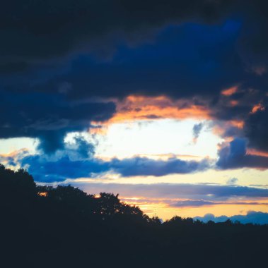 Gün batımında yaz şehir dışında. Gökyüzü ve orman ile akşam saatlerinde manzara.