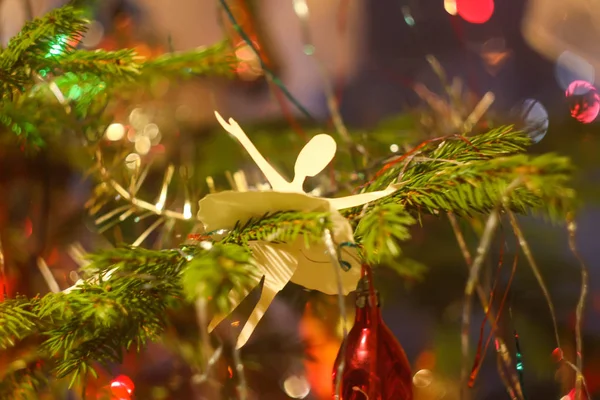 Colorful Christmas Decorations Fir Tree Branches Close — Stock Photo, Image