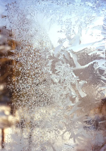 Vidro Janela Congelado Com Ornamentos Gelados — Fotografia de Stock