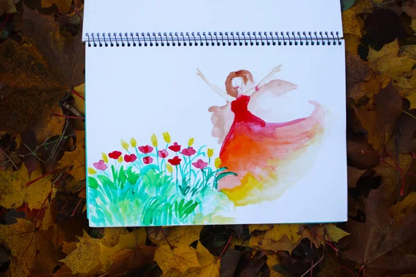 Illustration Aquarelle Une Belle Fille Avec Des Fleurs Peintes Sur — Photo