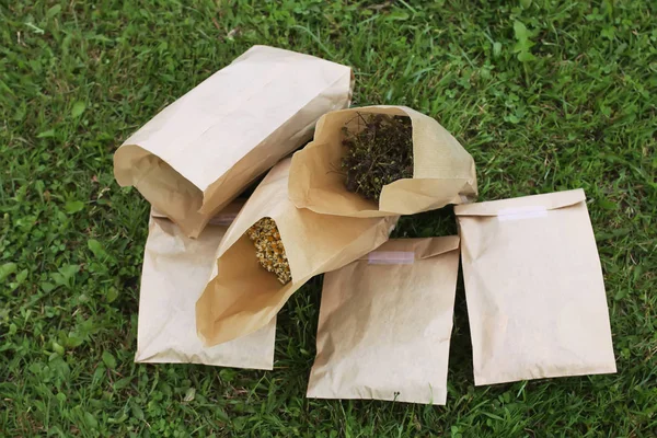 Sacchetti di carta con erbe secche — Foto Stock
