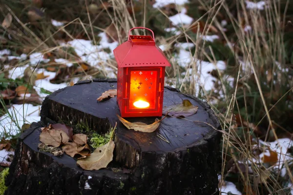 Lanterna decorativa con candela accesa nel parco autunnale la sera. — Foto Stock