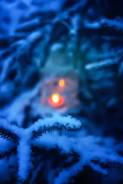 Dekorativ jul lykta med brinnande ljus hängande på snötäckta fir- träd gren i en vinterpark. Nytt år festligt kort, affisch, vykort design. — Stockfoto