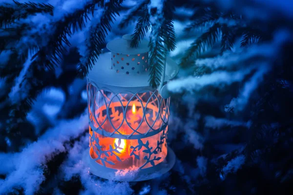Decorative Christmas lantern with burning candle hanging on snow-covered fir- tree branch in a winter park. New year festive card, poster, postcard design. — Stock Photo, Image