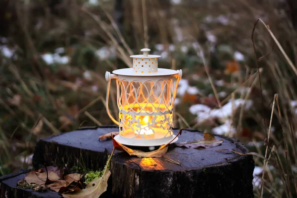 Lanterne décorative avec bougie allumée dans le parc d'automne le soir. — Photo