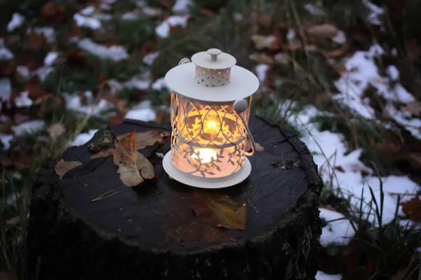 Lanterna decorativa com vela acesa no parque de outono à noite . — Fotografia de Stock