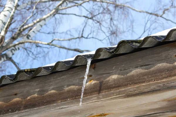乡村冬季自然的细节. 屋顶上的冰柱. — 图库照片