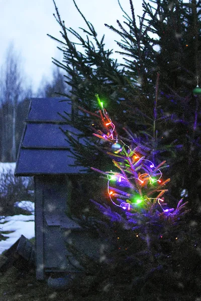 Geschmückter Tannenbaum im Freien auf kleinem Holzspielzeughaus-Hintergrund. Winterurlaub festlicher Hintergrund. — Stockfoto