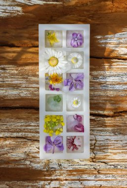 Ice cube, yaz yeşil çimen çiçekler ile.