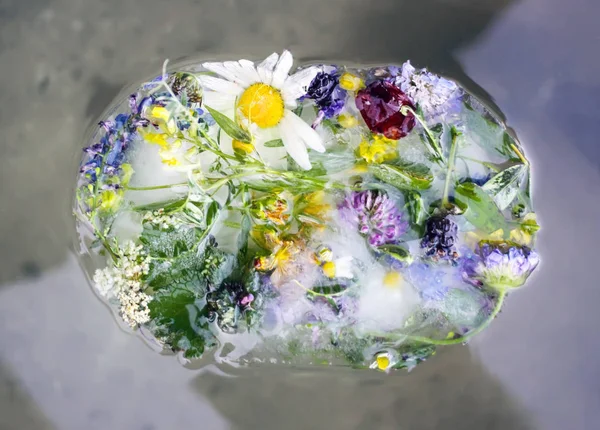 Cubo de hielo con flores sobre hierba verde en verano . — Foto de Stock