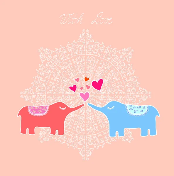 Vector Illustration Beautiful Background Valentine Day Two Elephants Kissing Mandala — Stok Vektör