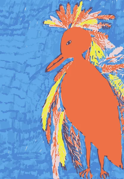 Hand Drawn Colorful Tropical Bird Blue Background — Vettoriale Stock