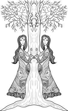 Bir ağacın yanında duran benzer iki kızın el çizimi.