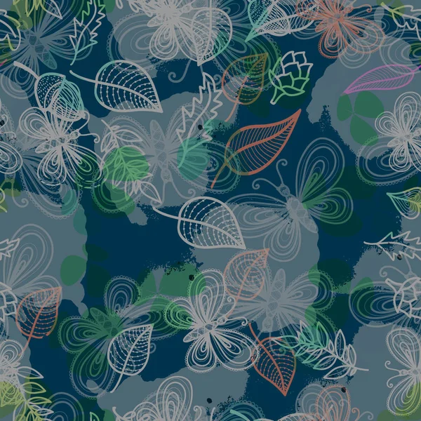 Hand Drawn Abstract Seamless Pattern Leaves Flowers Vector Background — Archivo Imágenes Vectoriales