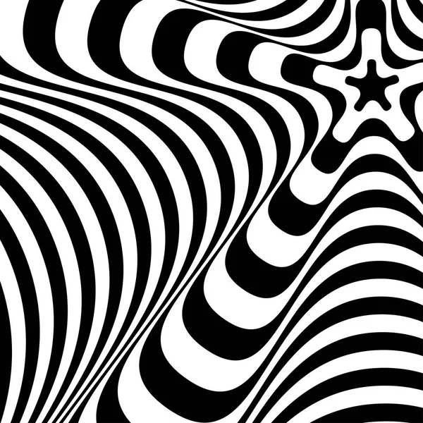 Abstrakt vriden svart och vit bakgrund. Optisk illusion av förvrängd yta. Vridna ränder. Stiliserad 3D-textur. Vektorillustration. — Stock vektor