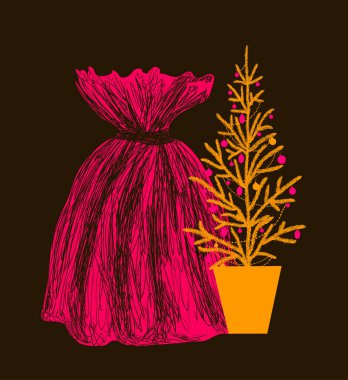 Hediyeler ve çam ağacıyla dolu Noel çantası.