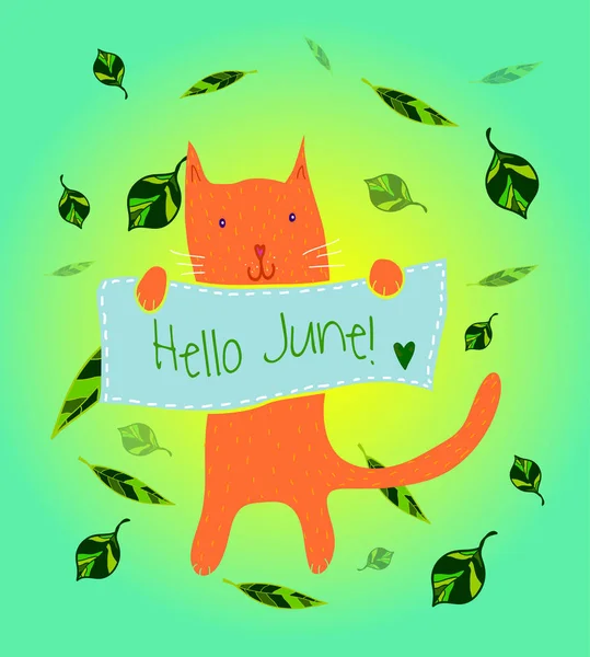 Cute Cartoon Cat Plaque His Paws Hello June Lettering Vector — Image vectorielle