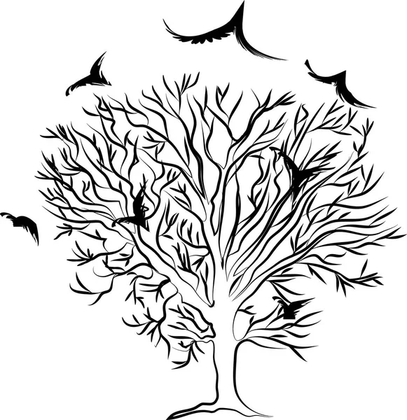 Vektorillustration von Baum und Vögeln. — Stockvektor