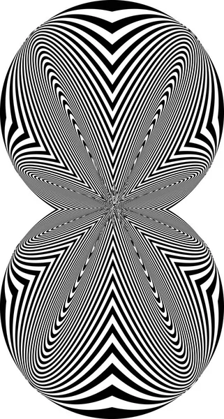 Abstracte gedraaide zwart-wit vorm. Optische illusie van vervormd oppervlak. Gedraaide afgeronde strepen. — Stockvector