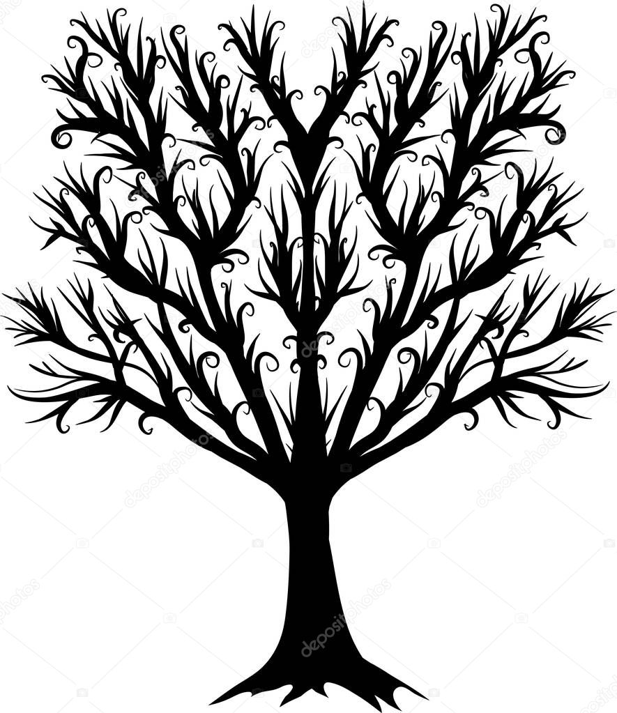 Illustration of tree. Black silhouette on white background.