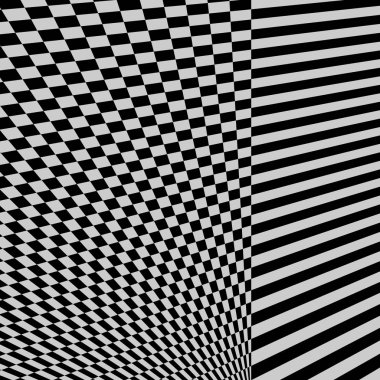 Soyut siyah ve beyaz arka plan bükülmüş. Bozuk yüzey optik yanılsama. Çarpık çizgili. Stilize 3d tünel.